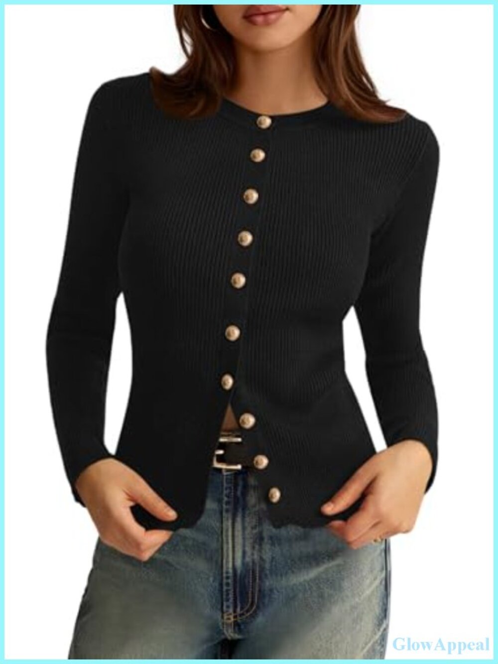 Lightweight Ribbed Knit Cardigan Sweater for Women Button Down Crew Neck Long